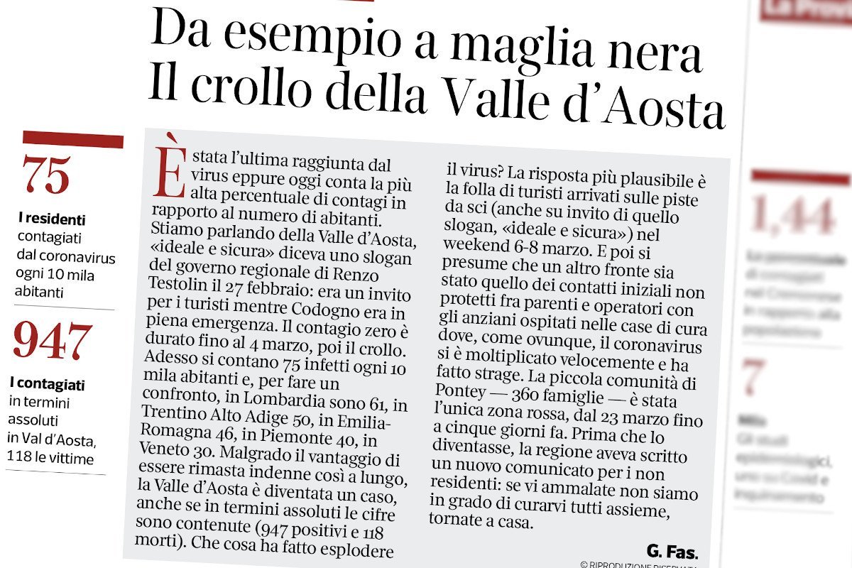 “Da esempio a maglia nera”. Il “Corriere della Sera” critica pesantemente la gestione dell’emergenza sanitaria in Valle d’Aosta