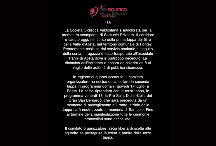 La comunicazione degli organizzatori del Giro ciclistico della Valle d'Aosta dopo la scomparsa di Samuele Privitera