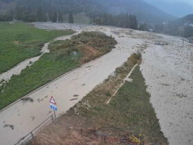 L'immagine della webcam sulla strada regionale 28 allagata