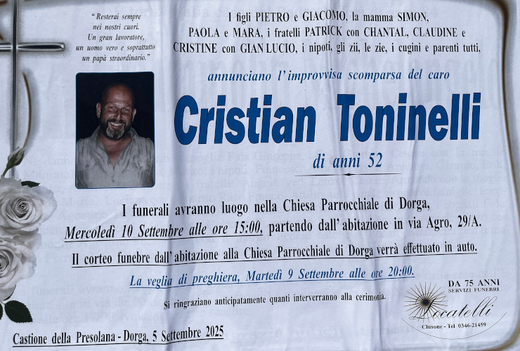 Il necrologio di Cristian Toninelli