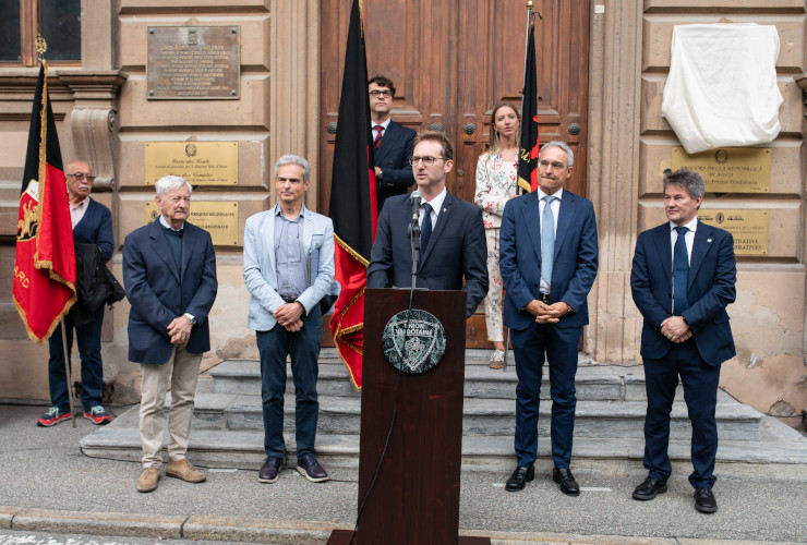 Il presidente dell'Union Valdôtaine, Joël Farcoz, durante le celebrazioni per l'80esimo di fondazione del 'Mouvement'