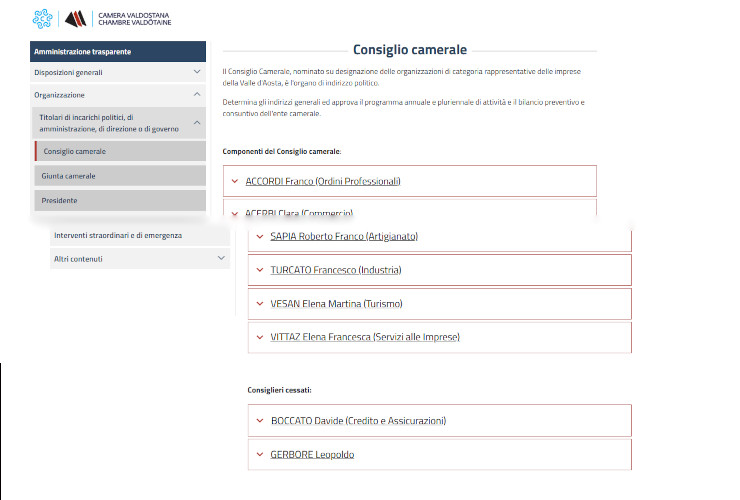 Lo screenshot della pagina della trasparenza del Consiglio della 'Chambre' dove si legge il nome di Elena Vittaz