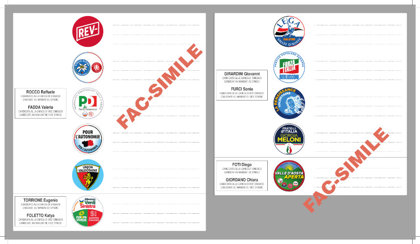 Il fac-simile dell'interno della scheda per le elezioni comunali di Aosta