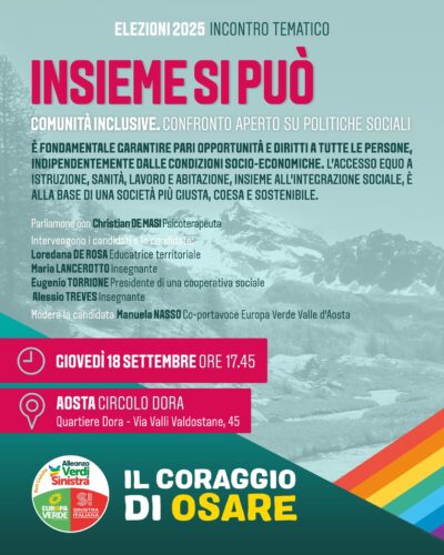 'Insieme si può', il quarto incontro tematico di AVS - Rete Civica Valle d'Aosta, giovedì 18 settembre, alle ore 17.45, ad Aosta, al Circolo Dora di Aosta, in via Valli Valdostane 45