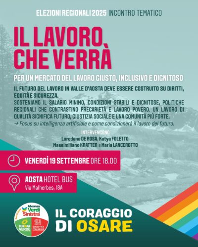 'Il lavoro che verrà', il quinto incontro tematico di AVS - Rete Civica Valle d'Aosta, venerdì 19 settembre, alle ore 18, ad Aosta, all'HB hotel, in via Malherbes 18a