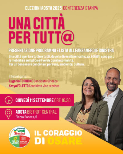 AVS - Rete Civica Valle d'Aosta, giovedì 11 settembre, al Bistrot Central di piazza Roncas 9, alle ore 16.30, presenta il programma supporto della lista per le elezioni comunale di Aosta