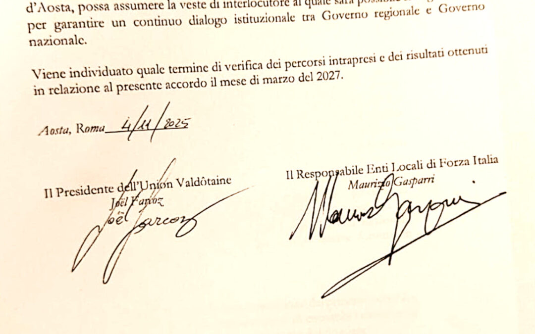 Accordo tra Union Valdôtaine e Forza Italia: nasce la nuova maggioranza con gli AdC