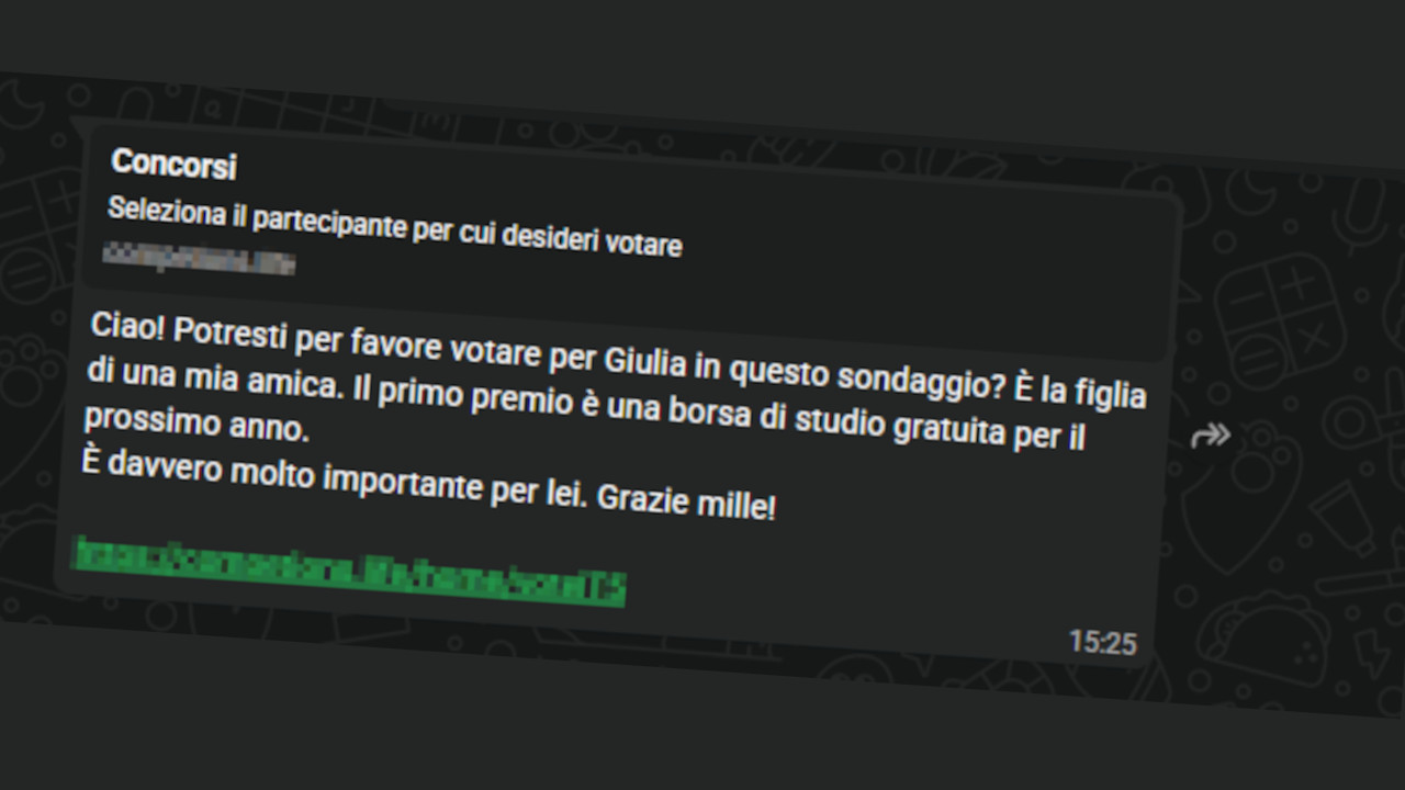 Il messaggio della truffa del finto concorso su Whatsapp
