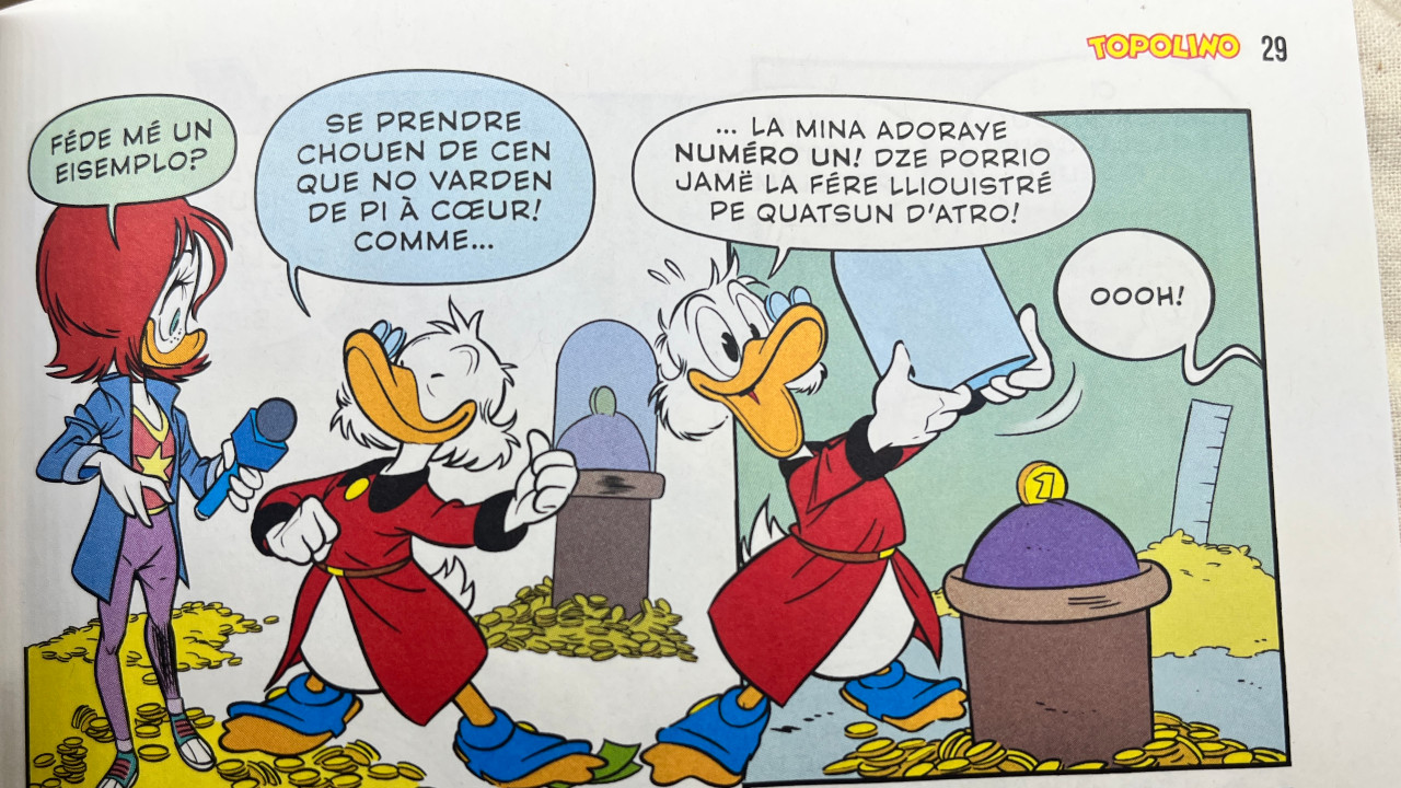 Un dettaglio della storia in francoprovenzale di Topolino 3660 (© Disney/Panini Comics)