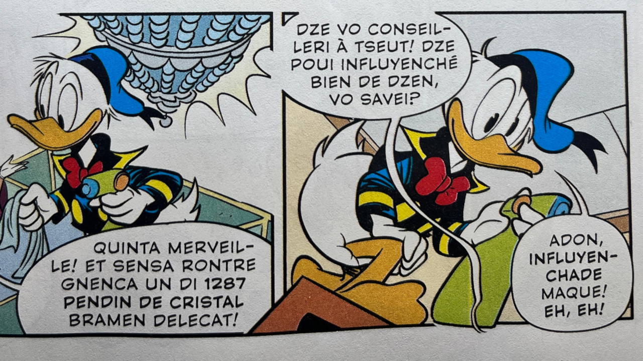 Un dettaglio della storia in francoprovenzale di Topolino 3660 (© Disney/Panini Comics)