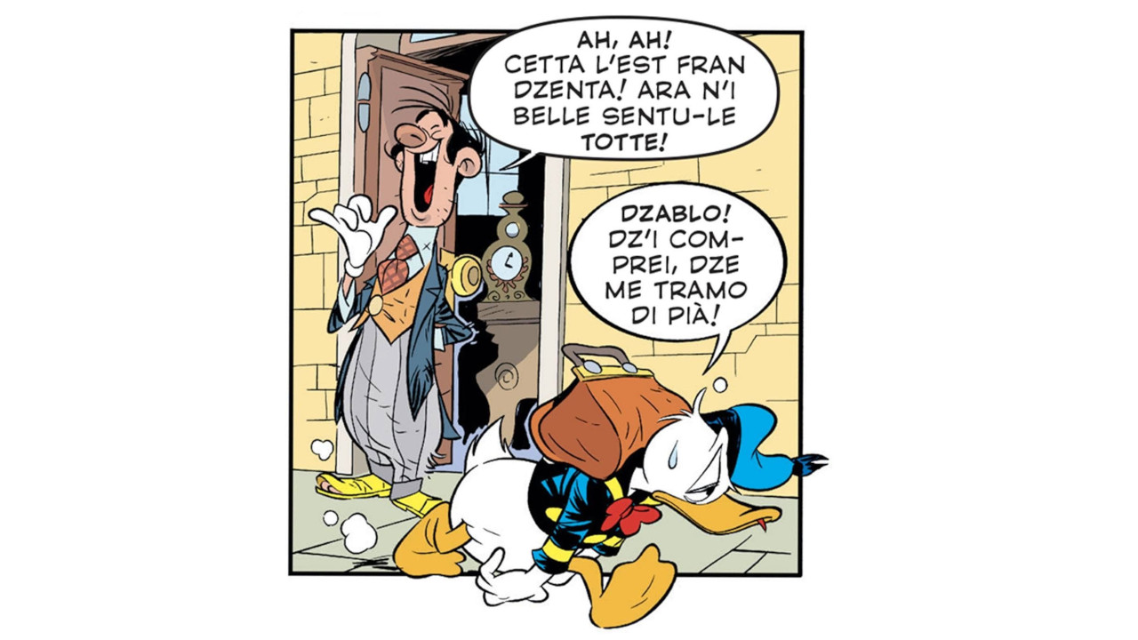 Una delle vignette della storia 'Paperino lucidatore a domicilio' tradotta in francoprovenzale