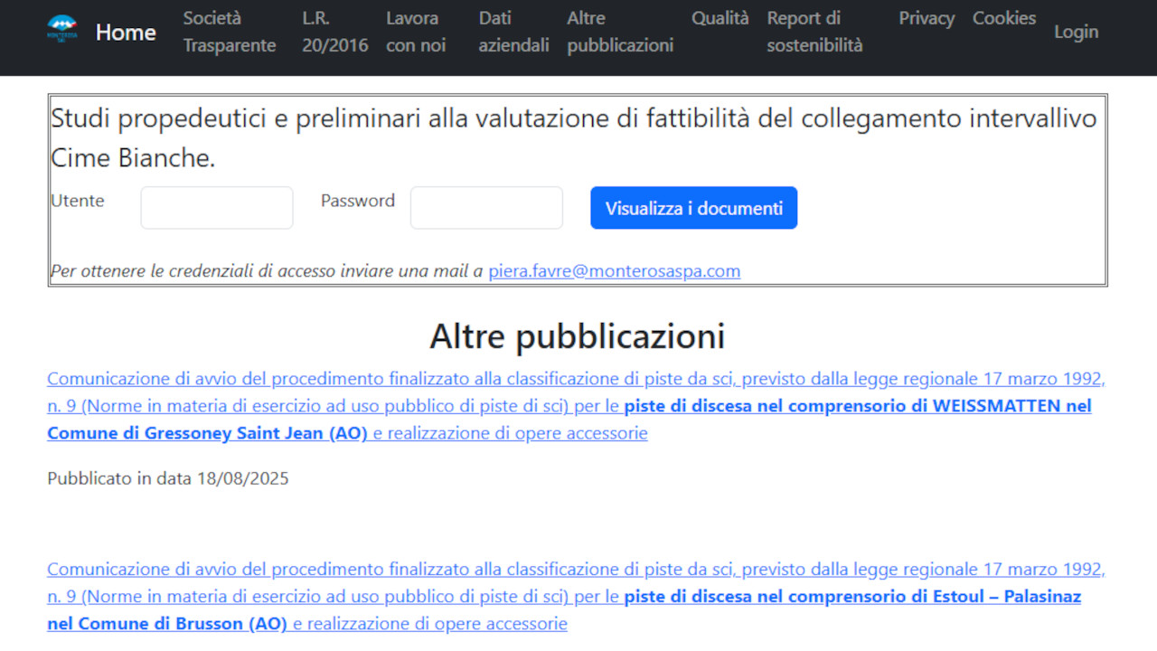 CIME BIANCHE, SCONTRO SUL DOCFAP: IL PROGETTO FUNIVIARIO DIVIDE CONSIGLIO E COMITATO 3 La pagina del sito di Monterosa SpA dove si accede ai documenti su Cime bianche