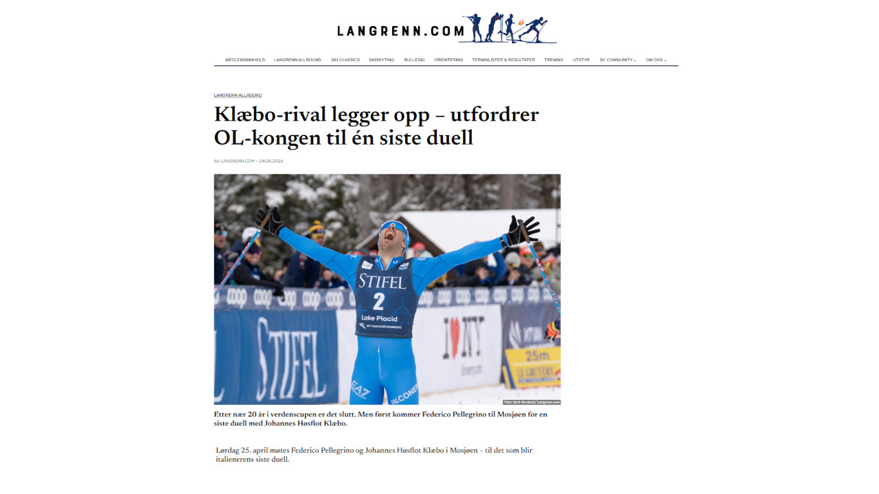 La pagina di Langrenn.com con la notizia della partecipazione di Federico Pellegrino
