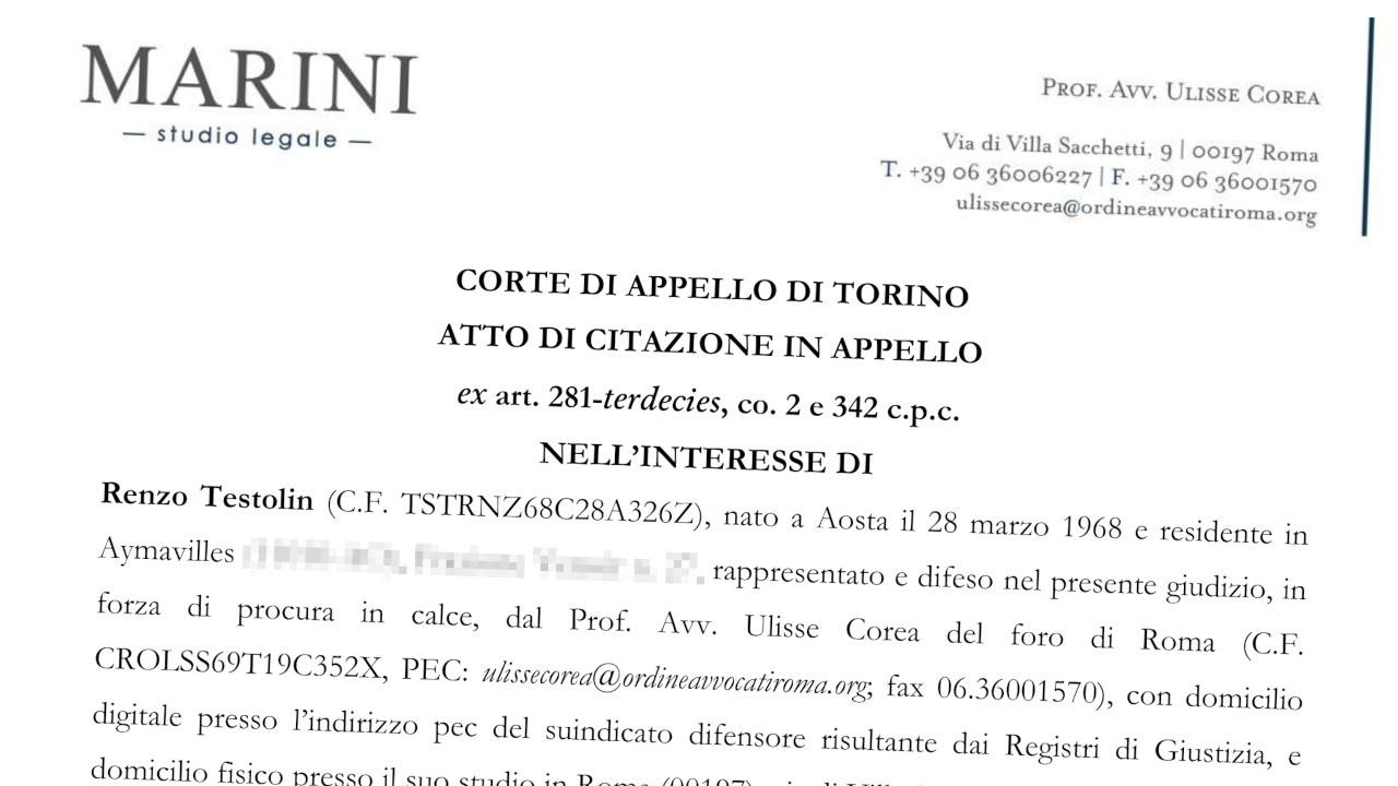 L'inizio della prima delle 52 pagine del ricorso presentato dall'avvocato Ulisse Corea per Renzo Testolin