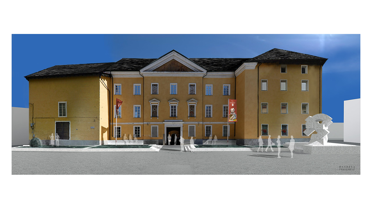 AL CASTELLO GAMBA LA MOSTRA DÉTAILS. SOLE CADUTO AOSTA, GIO' POMODORO 2 Il rendering del progetto di Gio' Pomodoro per Piazza Roncas ad Aosta